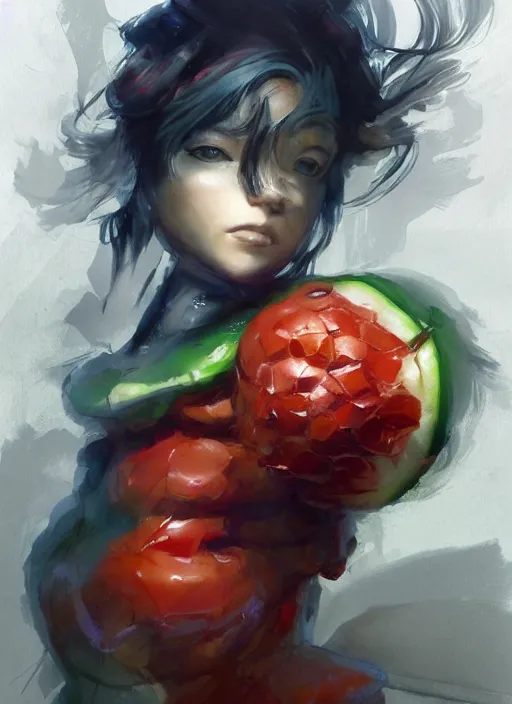 Prompt: semi reallistic gouache gesture painting, by yoshitaka amano, by ruan jia, by conrad roset, by dofus online artists, detailed anime 3 d render of a watermelon living inside a person's chest, portrait, cgsociety, artstation, rococo mechanical, digital reality, sf 5 ink style, dieselpunk atmosphere, gesture drawn