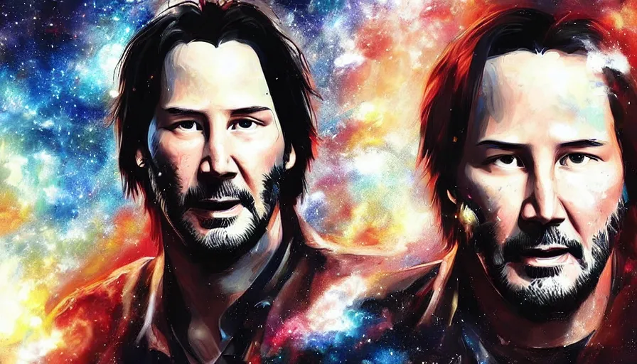 Image similar to Keanu reeves floating in space with a distressed look on his face, digital art, artstation, artgem