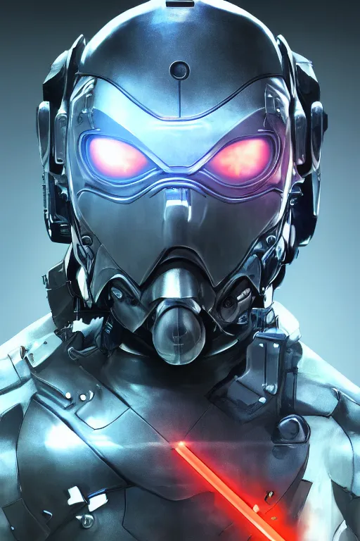 Image similar to cyber cyborg ninja mask helmet metal gear solid artic suit swat commando, global illumination ray tracing hdr fanart arstation by sung choi and eric pfeiffer and gabriel garza and casper konefal, a spectacular view cinematic rays of sunlight comic book illustration, by john kirby