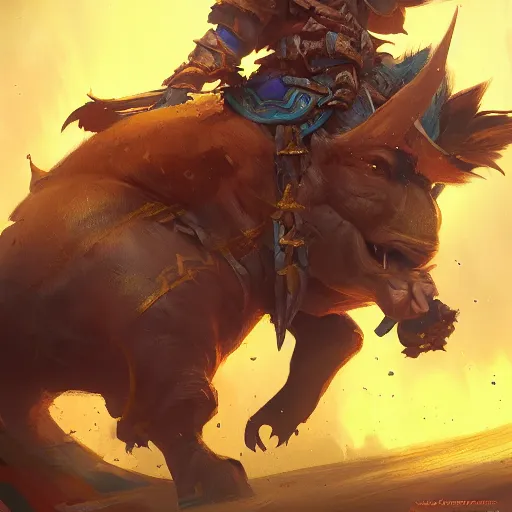 Prompt: a boar rider warrior, yellow theme, bright art masterpiece artstation. 8 k, sharp high quality artwork in style of jose daniel cabrera pena and greg rutkowski, concept art by tooth wu, blizzard warcraft artwork, hearthstone card game artwork, boar rider