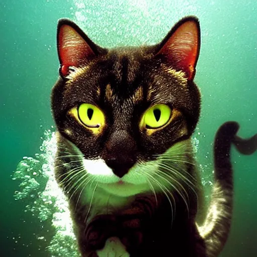 Image similar to Dreamt in `4.87s` for `!dream a cat scuba diving in a huge lake, National Geographic, beautiful masterpiece