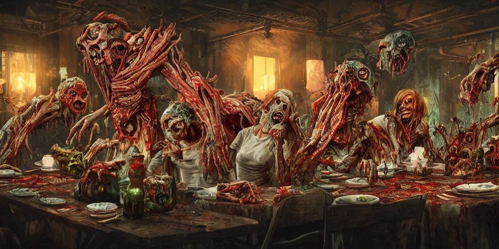 Image similar to zombies eating dinner at a christmas party, monster anatomy, ross tran, vivid colors anatomical, highly detailed sculpture, intricate detailed, ommatidia, 8 k, cinematic atmosphere, post - processing