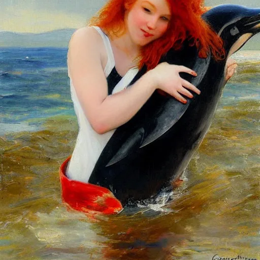 Prompt: a portrait of a red headed young woman hugging an orca whale in a scenic environment by Gerhartz, Daniel F.