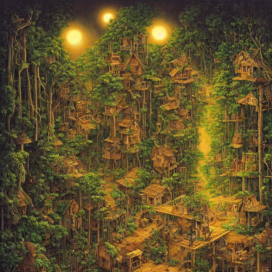 Image similar to a painting in the style of Jacek Yerka , a village on stilts is walking through the jungle at night