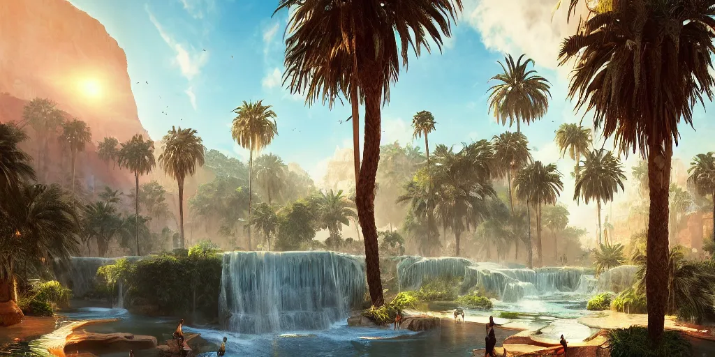 Image similar to beautiful oasis waterfalls surrounded by palm trees moroccan tile archways, date trees, ivory towers sunset peter morbacher ross tran angelarium greg rutkowski alchemy luxury heavenly light soft illumination, trending on artstation cinematic lighting digital painting octane render, artgerm