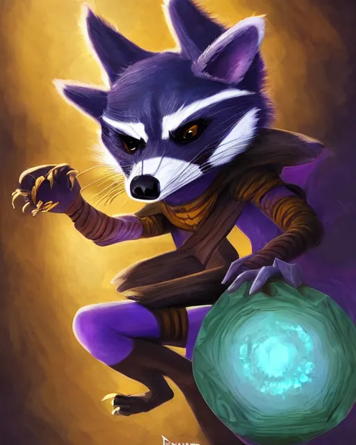 Image similar to 3 5 mm portrait of furry necromancer sly cooper raccoon holding a magical glowing gemstone in a crystal cave, d & d, magic the gathering, criag mullins, artgerm, wlop, disney, pixar,