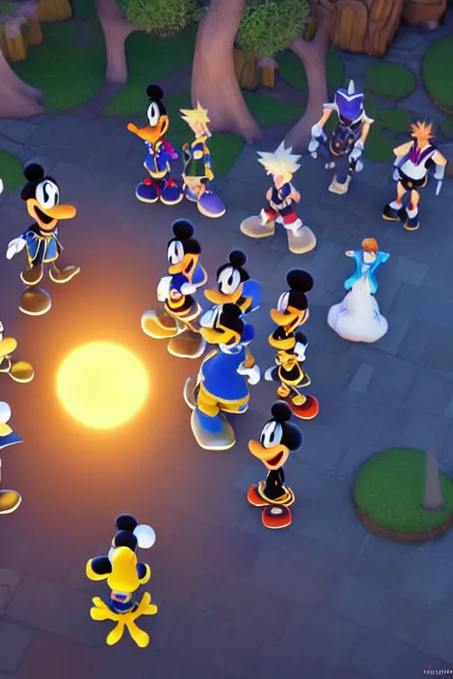 Image similar to screenshot of kingdom hearts 3, Disney and final fantasy crossover, donald duck and goofy npc characters, Kingdom hearts styled gameplay, unreal engine 4, kingdom hearts 3, kingdom hearts, cartoony lighting, disneyworld at kingdom hearts, Disney inspired setting with Sora and Donald in the scene, image of an action adventure rpg, magical fantasy l, artstationHD, stunning pixar graphics, rtx on, sharp focus, sors holding the kingdom key keyblade, detailed