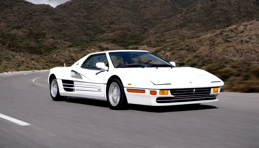 Image similar to a still of a white ferrari testarossa racing along the pacific coast highway, ocean in the background, 8 k,