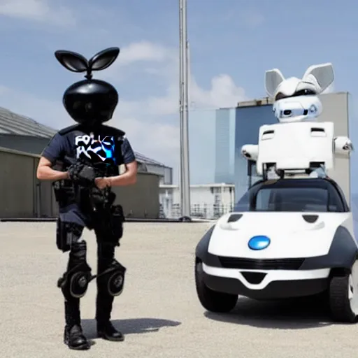 Image similar to robotic police unit shaped like an anthropomorphic rabbit, standing next to a parked futuristic police car