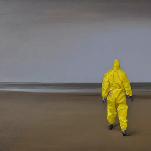 Image similar to a man in a yellow hazmat walking on an abandoned beach, oil painting