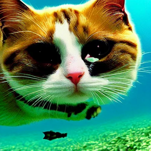 Image similar to Dreamt in `4.87s` for `!dream a cat scuba diving in a huge lake, National Geographic, beautiful masterpiece