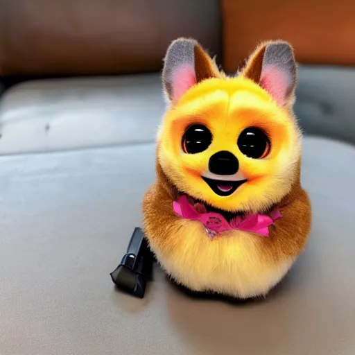 Prompt: an advertisement for a corgi furby toy