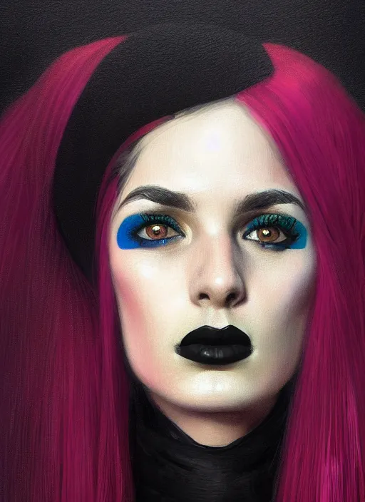 Image similar to portrait of an israeli woman with a crooked nose and a confident expression, 1 9 6 0 s, black clothes, goth, punk, brightly coloured hair, funk, intricate, elegant, highly detailed, digital painting, artstation, concept art, smooth, sharp focus, illustration, art by wlop, mars ravelo and greg rutkowski