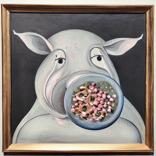 Image similar to “pig paintings and pig sculptures in a pig art gallery, pork, ikebana white flowers, white wax, squashed berries, acrylic and spray paint and oilstick on canvas, by munch and Dali”