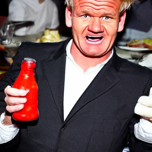 Prompt: <photo hd reaction>Gordon Ramsey in furious rage about the amount of ketchup on his plate</photo>