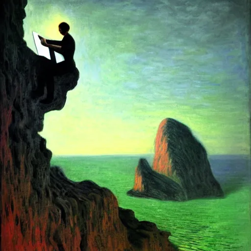 Prompt: A man climbs a cliff while coding A.I. on a laptop - award-winning digital artwork by Dali and Monet. Stunning lighting