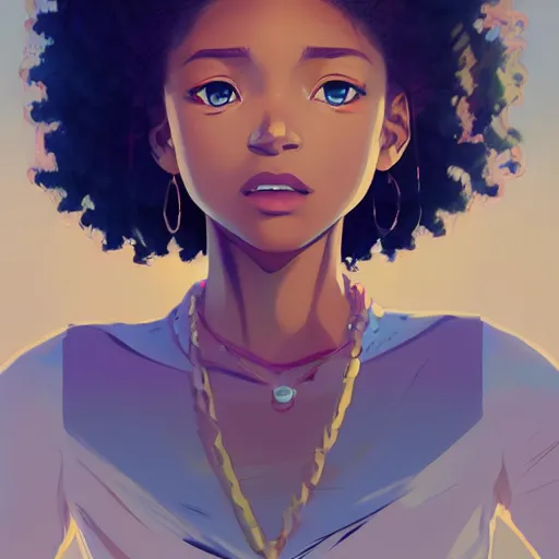 Image similar to a comic portrait of a teenager light - skin girl, afro hair, fine - face, realistic shaded perfect face, fine details, day setting. very anime style. realistic shaded lighting poster by ilya kuvshinov katsuhiro, magali villeneuve, artgerm, jeremy lipkin and michael garmash, rob rey and kentaro miura style, trending on art station