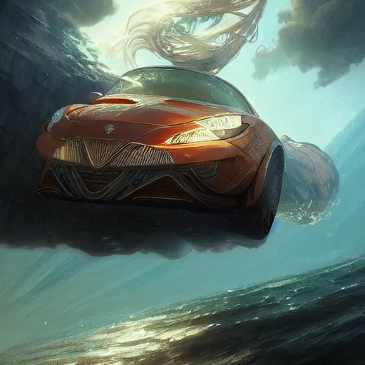 Image similar to a car under the water in the ocean, D&D, fantasy, intricate, cinematic lighting, highly detailed, digital painting, artstation, concept art, smooth, sharp focus, illustration, art by Artgerm and Greg Rutkowski and Alphonse Mucha