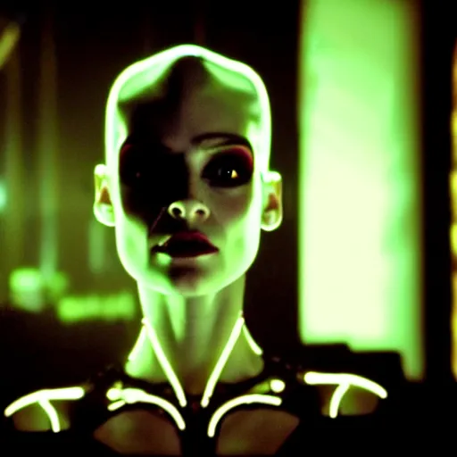 Prompt: cinematic portrait of model kristen mcmenamy as bride of frankenstein as a replicant in a busy nightclub, frightened and angry, still from the movie ex machina, fashion photography, a neon sign is in the background