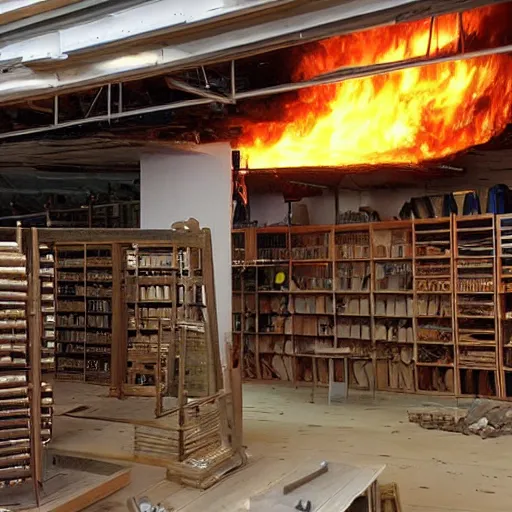 Image similar to The indoor timber and hardware section of a Lowe's on fire