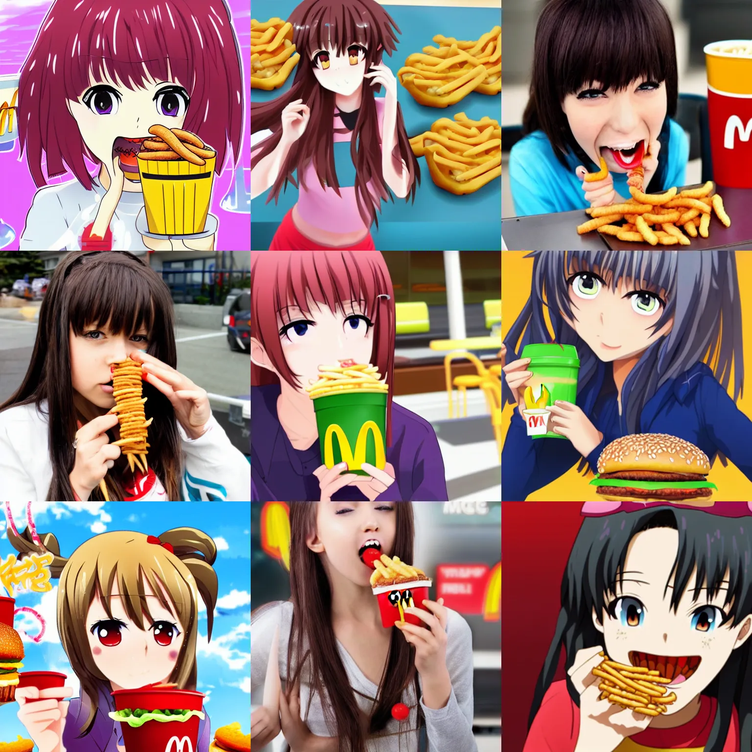 Prompt: anime girl eating worms at mcdonalds in style mcdonalds