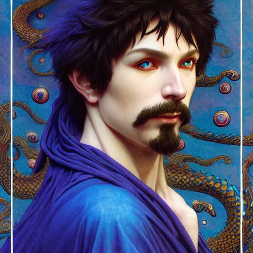 Prompt: half length portrait of a medieval fantasy sorcerer, a male blue dragon with electrcity magic, fantasy, d & d, high details, art by ( ( ( kuvshinov ilya ) ) ) and wayne barlowe and gustav klimt and artgerm and wlop and william - adolphe bouguereau