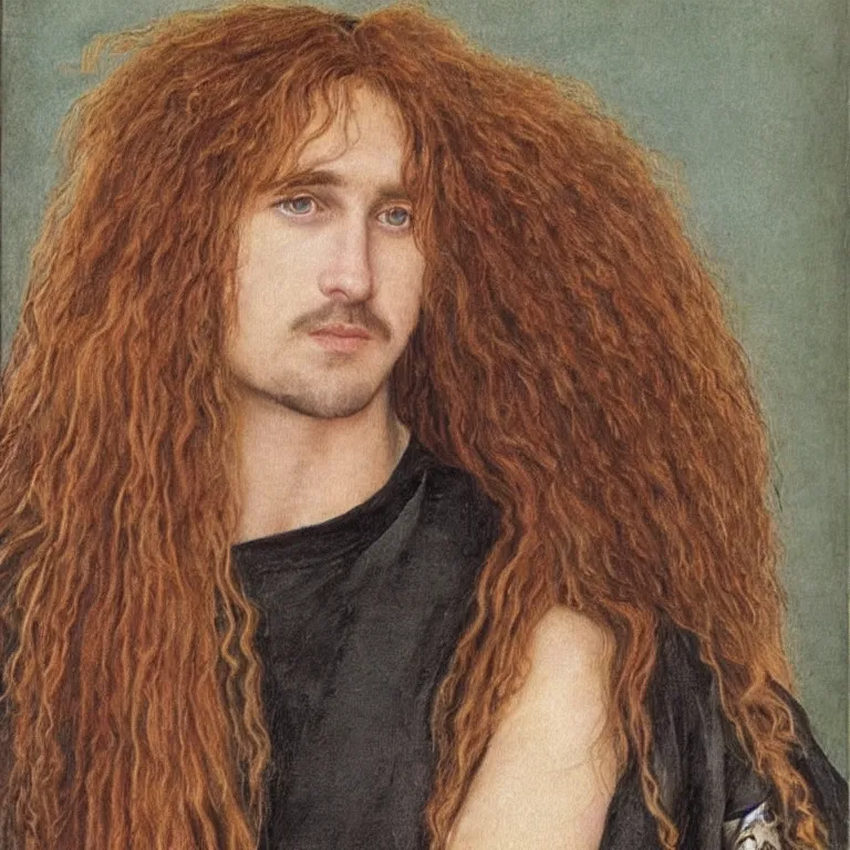 Image similar to Pre-Raphaelite portrait of 1980s thrash metal band leader singer, with very long blond hair and grey eyes