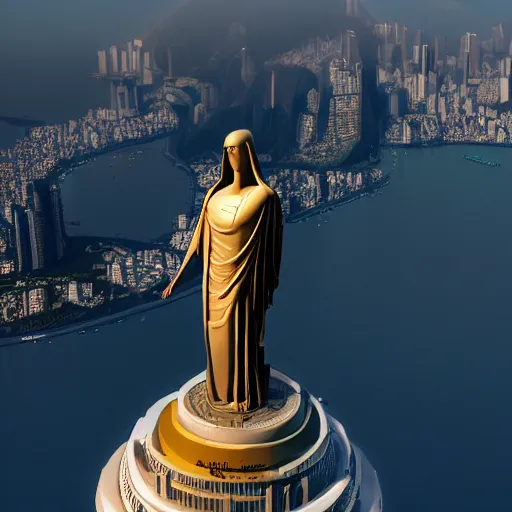 Prompt: a highly detailed picture of a cyberpunk christo redentor in a vaporwave style dabbing over rio de janeiro, aerial photography, ultrawide lens, art by john collier and albert aublet and krenz cushart and artem demura and alphonse mucha, volumetric lighting, octane render, 4 k resolution, trending on artstation, masterpiece