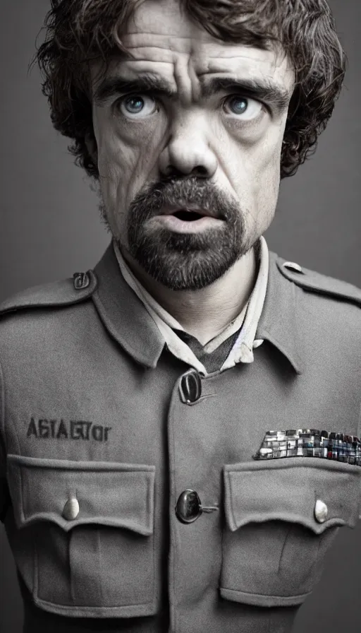 Image similar to extremely tall peter dinklage, old world war 2 portrait, photography