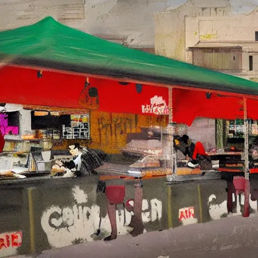 Image similar to a concept matte paint of a 21st century street food market, art by Monet and Banksy