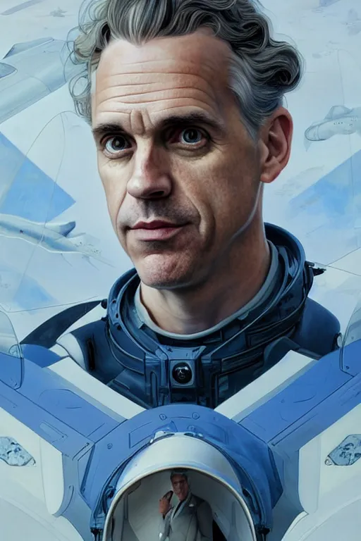 Image similar to portrait of Jordan Peterson as a futuristic airforce, inside future fighter, sci-fi, fantasy, intricate, very very alpha and sigma, elegant, human anatomy, royal blue light, highly detailed, digital painting, artstation, concept art, smooth, sharp focus, illustration, art by tian zi and WLOP and alphonse mucha