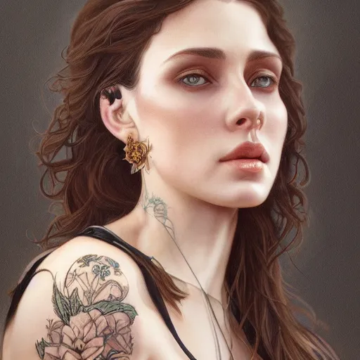 Image similar to ultra realistic illustration, a hot brunette tattooed slavic woman in her late 2 0's, intricate, elegant, highly detailed, digital painting, artstation, concept art, smooth, sharp focus, illustration, art by artgerm and greg rutkowski and alphonse mucha