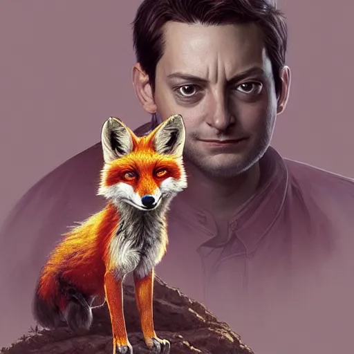 Image similar to tobey maguire and a red fox, intricate, highly detailed, digital painting, artstation, concept art, smooth, sharp focus, illustration, unreal engine 5, 8 k, art by artgerm and greg rutkowski and alphonse mucha