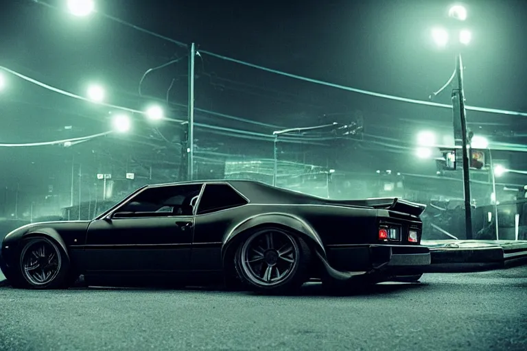 Image similar to widebody all black audi camaro b 1 ( 1 9 6 9 ), need for speed : carbon, at night, sci - fi, neon lines, phonk music background, smoke behind wheels, noise, dark, establishing shot, by simon stalenhag