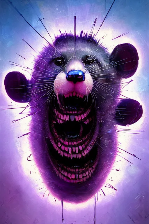 Image similar to a beautiful portrait of a cute cyberpunk opossum screaming by sandra chevrier and greg rutkowski and wlop, purple blue color scheme, high key lighting, volumetric light, digital art, highly detailed, fine detail, intricate, ornate, complex, octane render, unreal engine, photorealistic