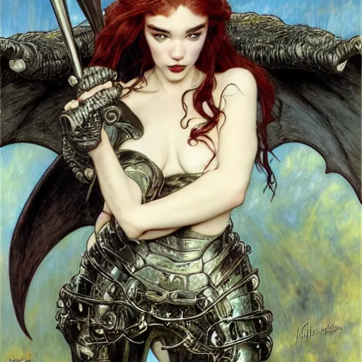 Image similar to head and shoulders portrait of an armored erinyes devil with huge bat wings, portrayed by florence pugh, d & d, fantasy, luis royo, magali villeneuve, donato giancola, wlop, krenz cushart, hans zatka, klimt, alphonse mucha