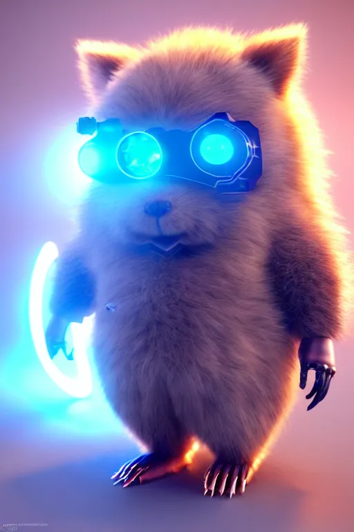 Image similar to high quality 3 d render sci - fi very cute fluffy! wombat!! cyborg with futuristic mechanical parts, cyberpunk monocle!, highly detailed, unreal engine cinematic smooth, in the style of detective pikachu, hannah yata charlie immer, dark blue neon light, low angle, uhd 8 k, sharp focus