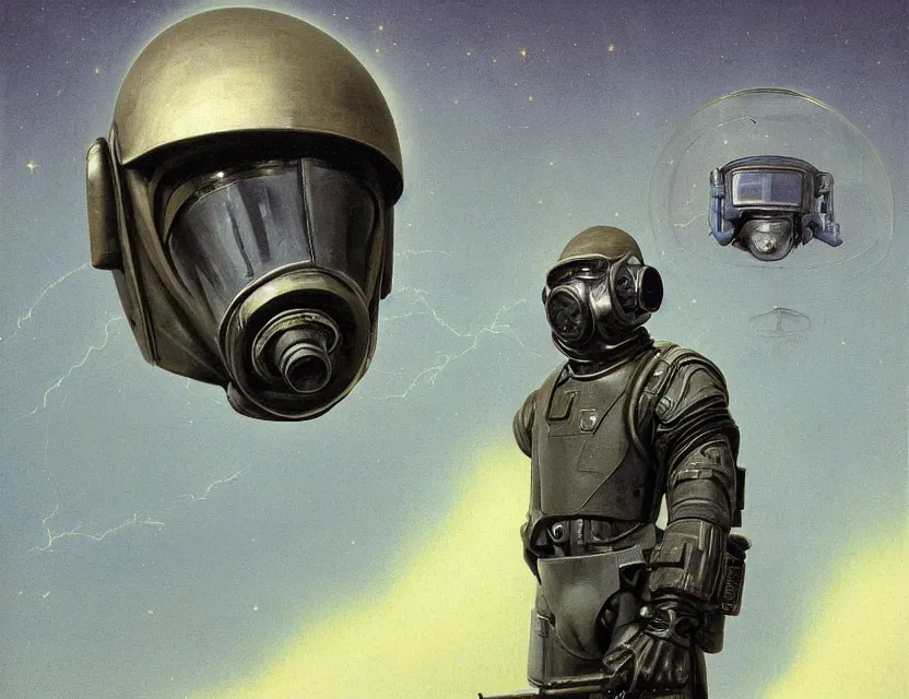 Image similar to a detailed portrait painting of a lone bounty hunter pilot wearing combat armour, gas mask and a reflective visor. Head and chest only. Movie scene, cinematic sci-fi scene. Flight suit, cloth and metal, accurate anatomy. portrait symmetrical and science fiction theme with lightning, aurora lighting. clouds and stars. Futurism by beksinski carl spitzweg moebius and tuomas korpi. baroque elements. baroque element. intricate artwork by caravaggio. Oil painting. Trending on artstation. 8k