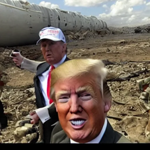 Prompt: Donald Trump taking a selfie in a war zone