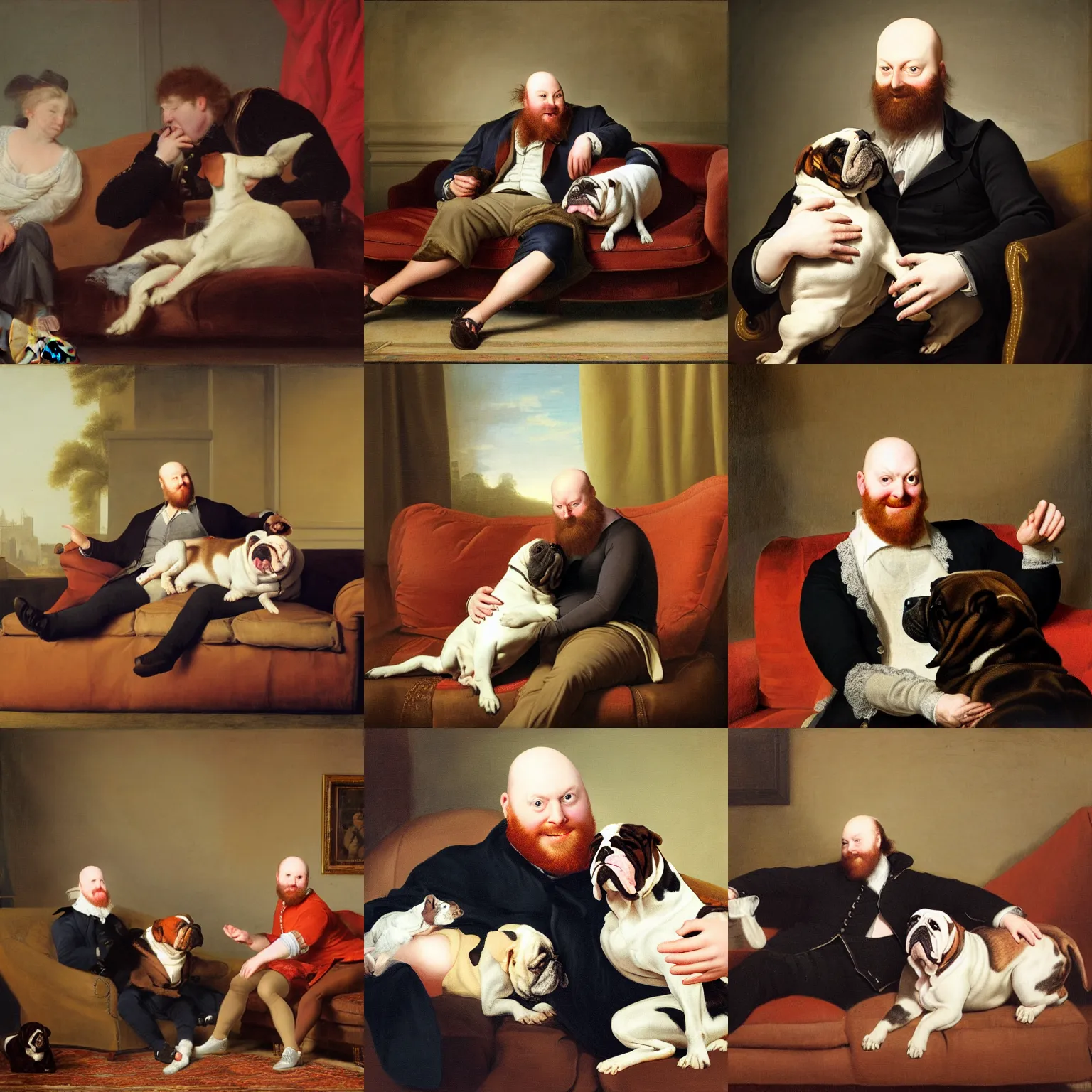 Prompt: playful portrait of angriestpat sitting on a couch, petting a very brown english bulldog by joseph ducreux
