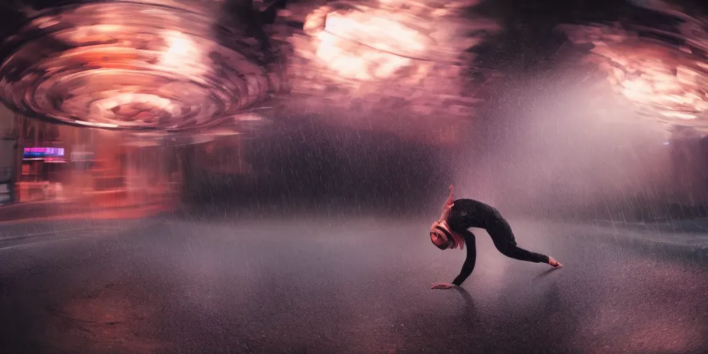 Prompt: fisheye slow motion with trail effect of futuristic break dancer wearing floating long dress, long exposure shot , at night in the middle of a rainy street, paddle of water, steam, fog, water splashes, rim lights, glossy reflections, water droplets on lens, octane render, dark and dramatic, detailed and soft, tongue of fires