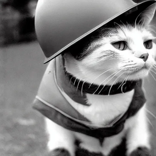 Image similar to Close up of a cat wearing a soldier helmet in the battle, ww2 historical photo, black and white