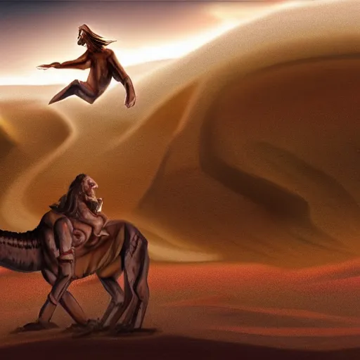 Prompt: jesus riding a trex in the desert. concept art