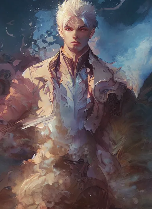 Image similar to a portrait of a male character in a scenic environment by Ross Tran and by Jesper Ejsing and by Mikalojus Konstantinas Ciurlionis