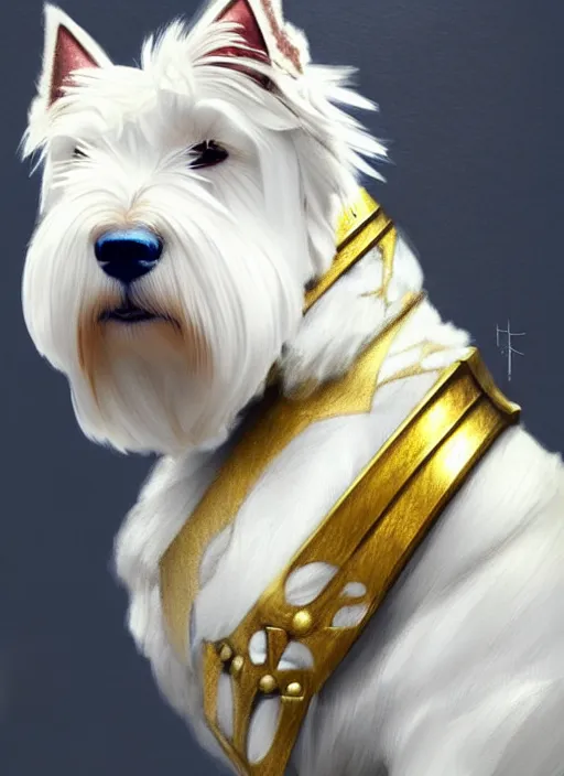 Prompt: a west highland white terrier sitting politely, facing the camera, wearing futuristic, golden armor, and a cannon mounted on his back, portrait, high detail, sharp focus, digital painting, artstation, concept art, art by hayao miyazaki and artgerm and greg rutkowski and alphonse mucha.