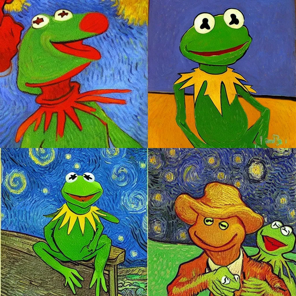 Prompt: Kermit the frog by Vincent van gogh, detailed oil painting