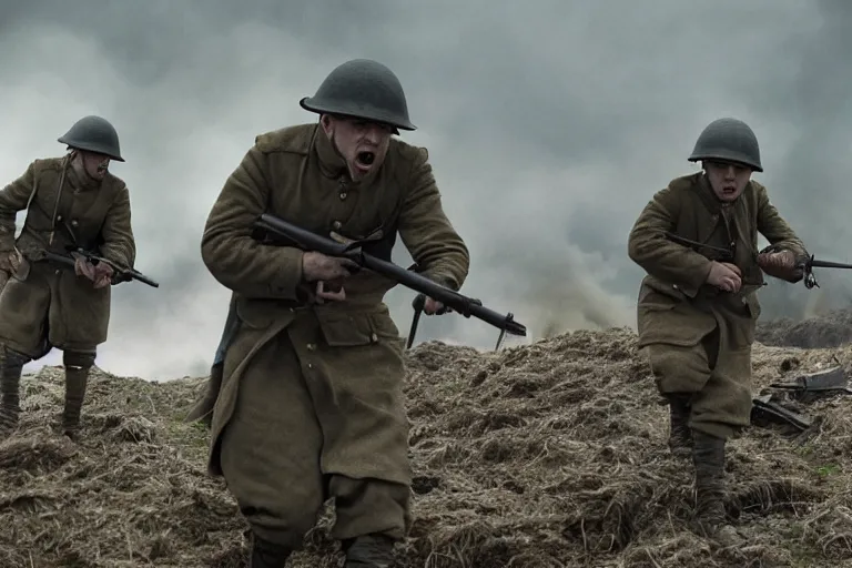 Image similar to jay baruchel as world war 1 soldier in the trenches, bullets whizzing past, cinematic lighting, high contrast, 4 k hdr imax cinematography by roger deakins, award winning shot, beautiful composition, principal photography, vfx action shot