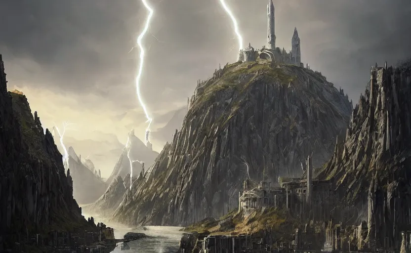 Image similar to a city like minas tirith and stormwind , built with black glossy obsidian stones, huge defensive rampart, tall thin elegant wizard towers, near a lake, matte painting by greg rutkowski and craig mullins, trending on artstation, digital art, cinematic lightning,