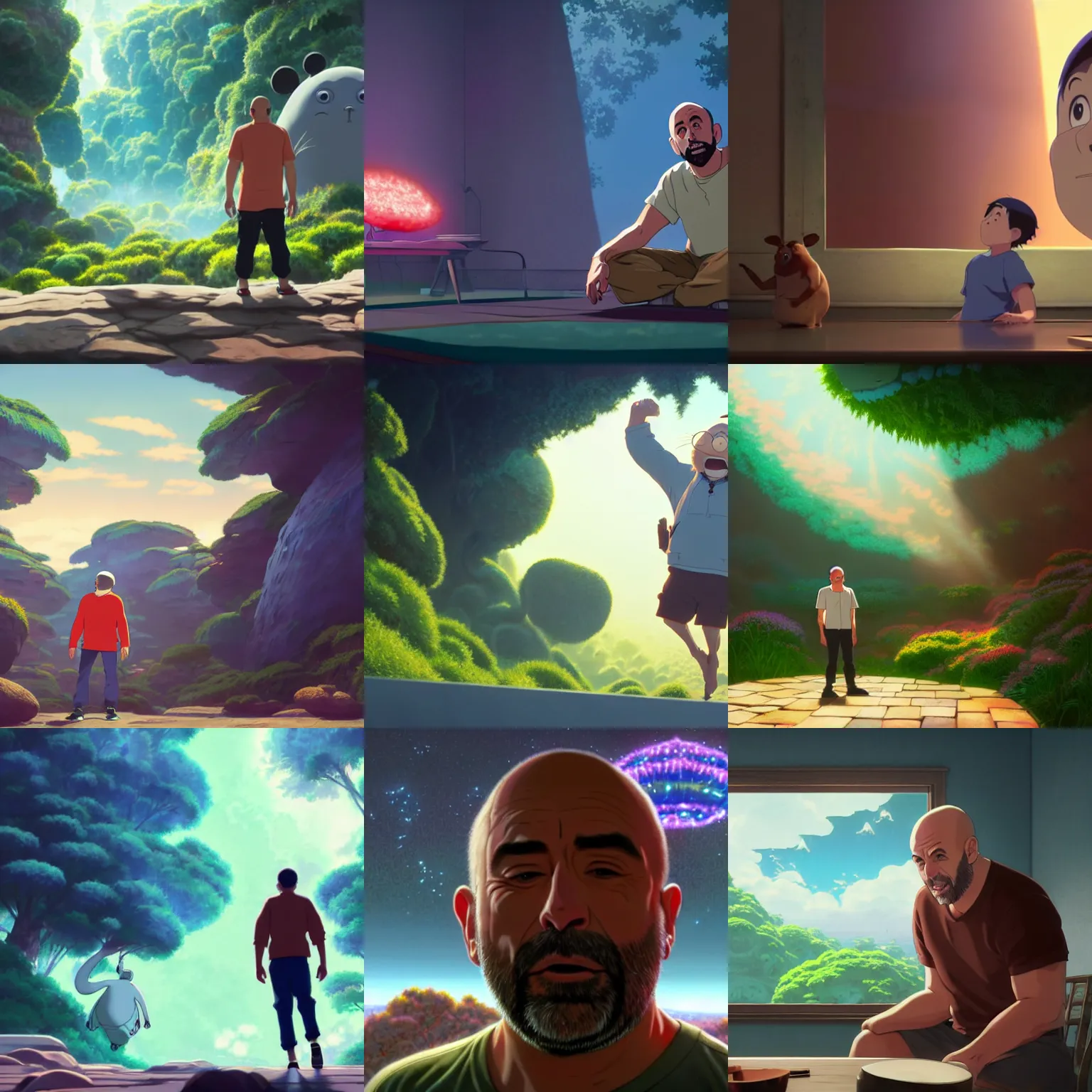 Prompt: a wholesome animation key shot of joe rogan hallucinating on dmt, medium shot, studio ghibli, pixar and disney animation, sharp, rendered in unreal engine 5, anime key art by greg rutkowski, bloom, dramatic lighting