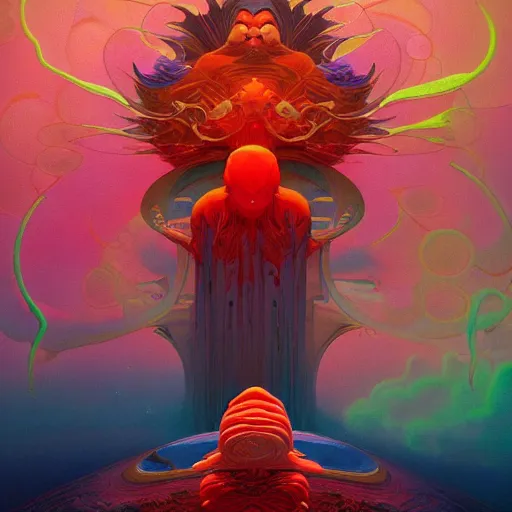 Prompt: colourful breathtakingly weird beautiful powerful magical wonderfully majestic beautifully cool character by michael whelan and moebius and beeple and kilian eng and dan mcpharlin and pascal blanche and jamie hewlett and richard dadd, symmetrical, magical stormy reflections, smoke on water, 8 k artstation